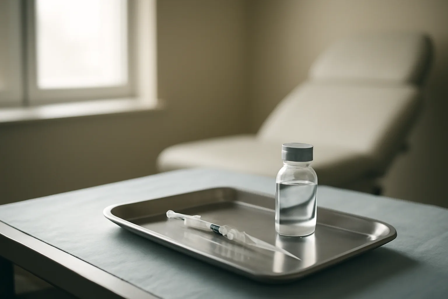 Vial and syringe on a clinical tray, representing sermorelin peptide stacking decisions