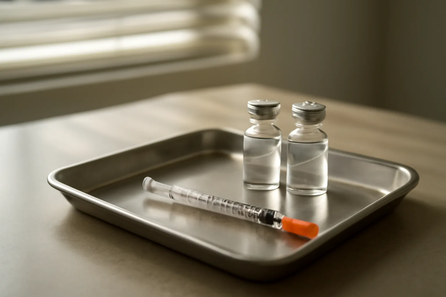 Two peptide vials and a syringe on a clinic tray, representing sermorelin and tesamorelin together