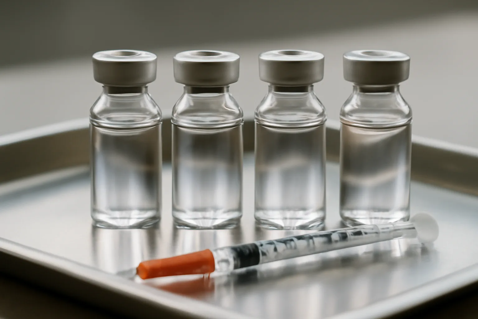 Four unlabeled vials and a syringe on a steel tray representing different growth hormone peptides