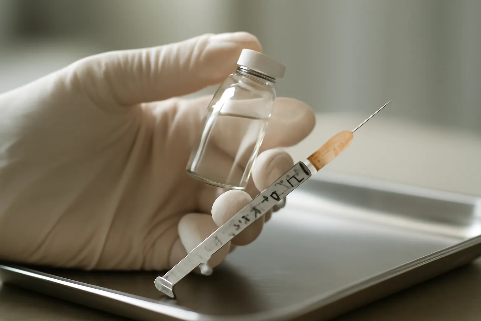 Clinician's hands preparing a peptide injection vial and syringe on a steel tray