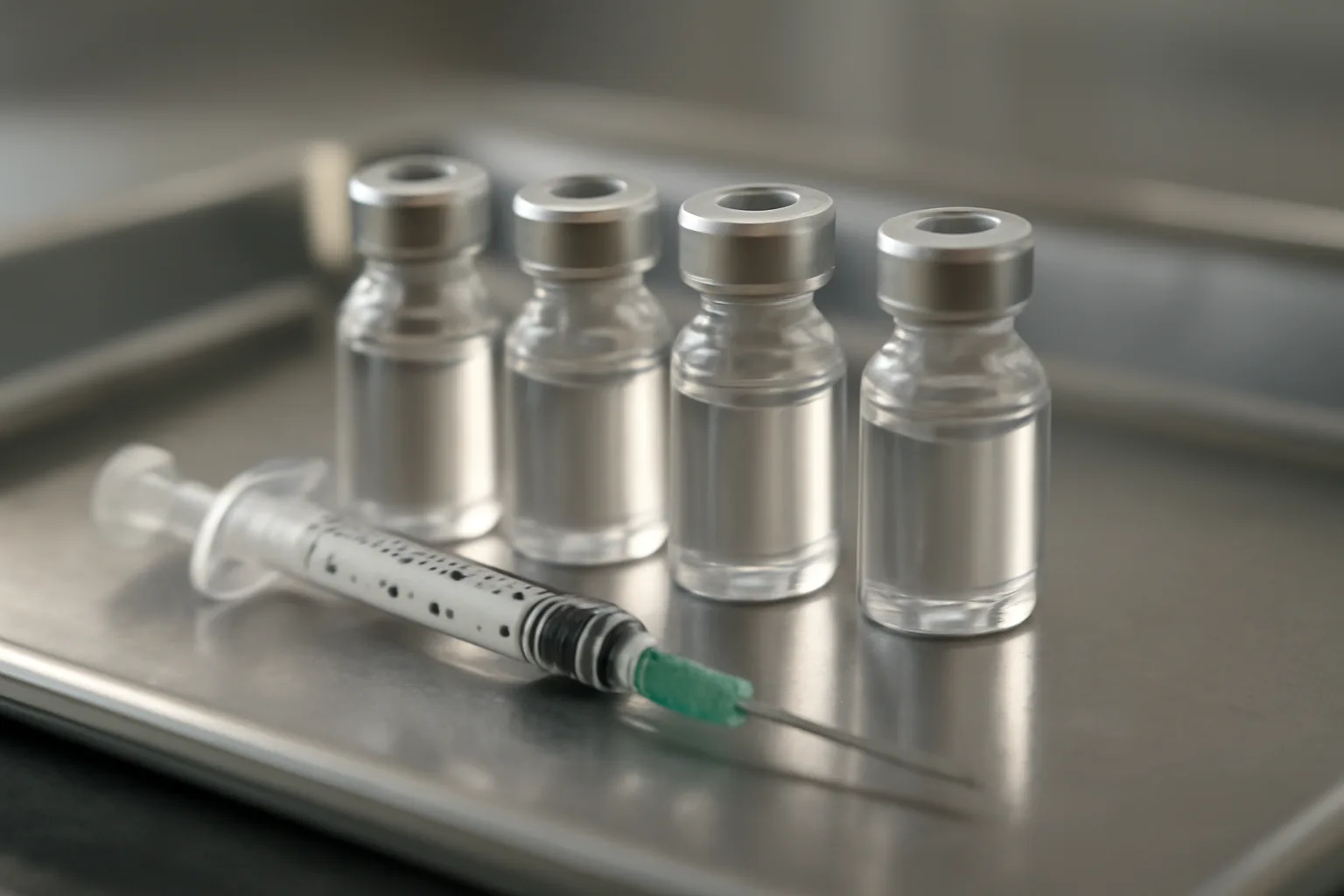 Four unlabeled vials and a syringe on a steel tray representing growth hormone peptide comparison