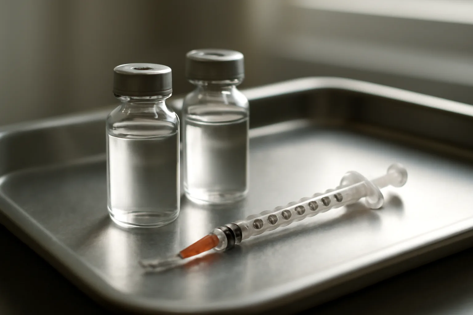 Two unlabeled peptide vials and a syringe on a clinical tray