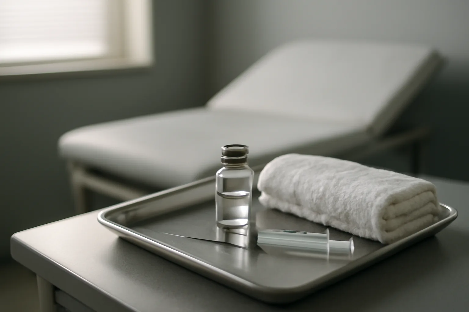 Vial and syringe on a steel tray, comparing peptide therapy options in a clinic setting