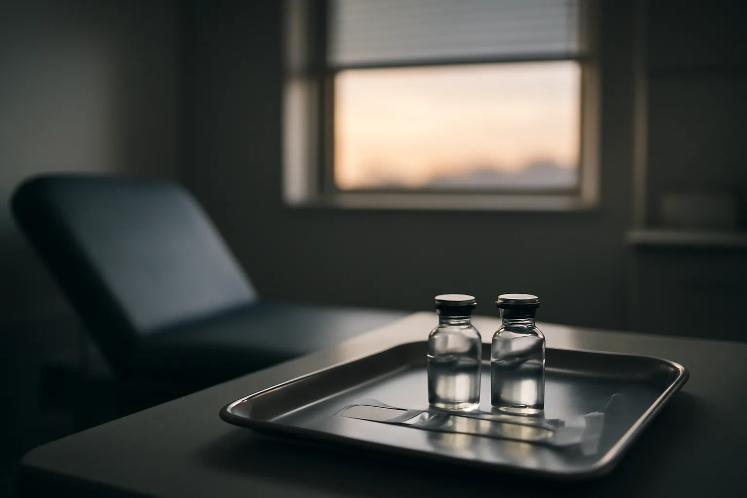 Two unlabeled peptide vials and a syringe on a steel tray in a clinic