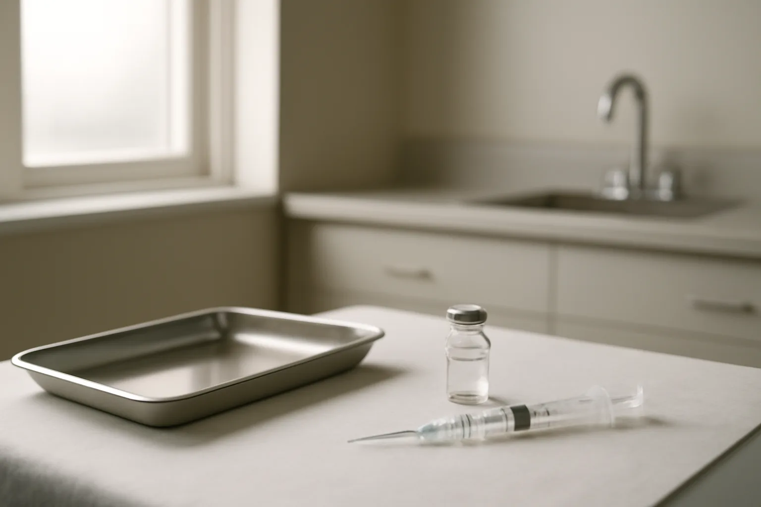 Exam room counter with vial and syringe representing enclomiphene vs sermorelin treatment choices