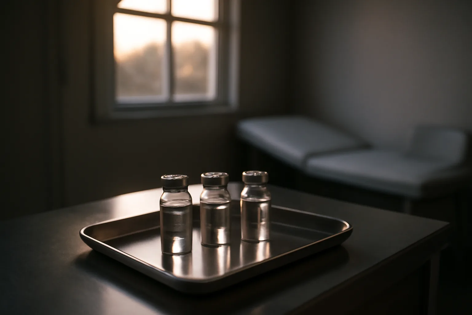 Three unlabeled vials on a steel tray representing hexarelin vs sermorelin vs tesamorelin comparison