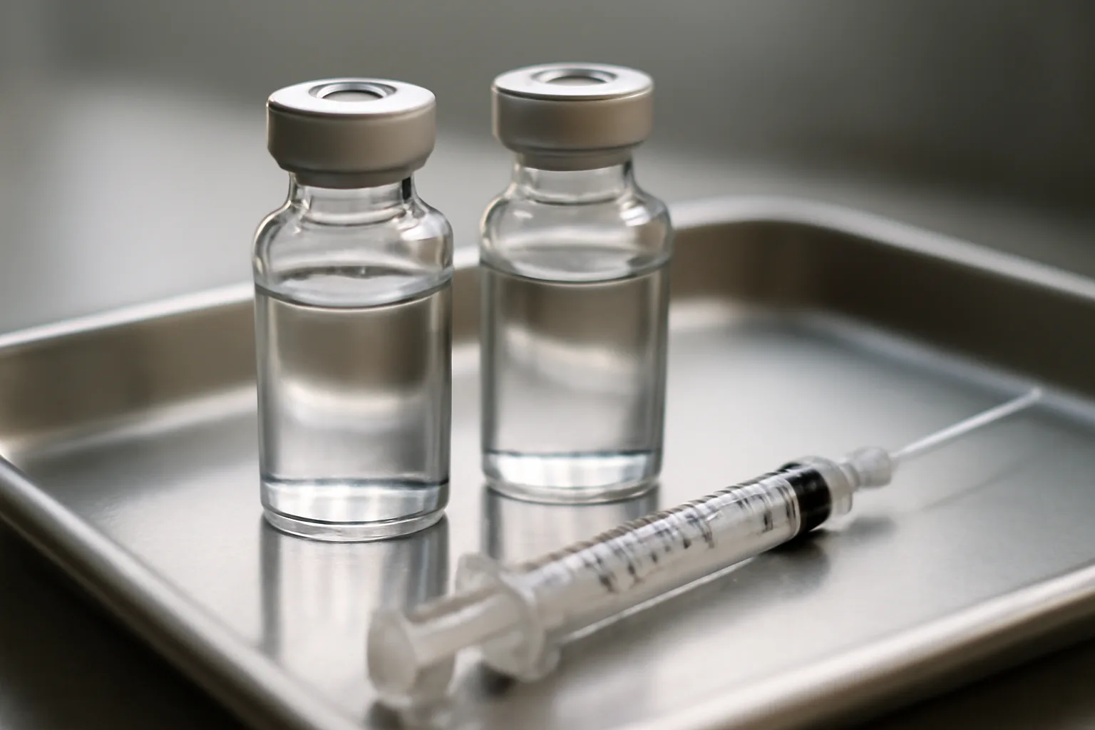 Two unlabeled peptide vials and a syringe on a steel tray, comparing hexarelin vs sermorelin