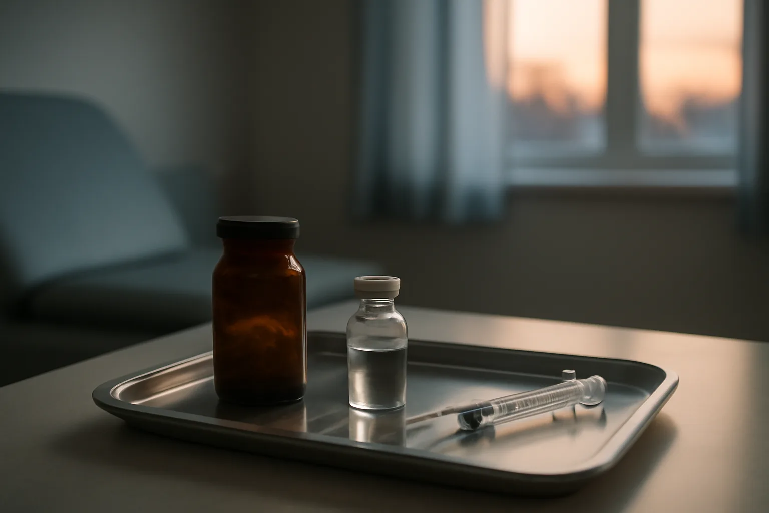 Injectable vial and oral capsules on a tray, representing sermorelin versus ibutamoren comparison
