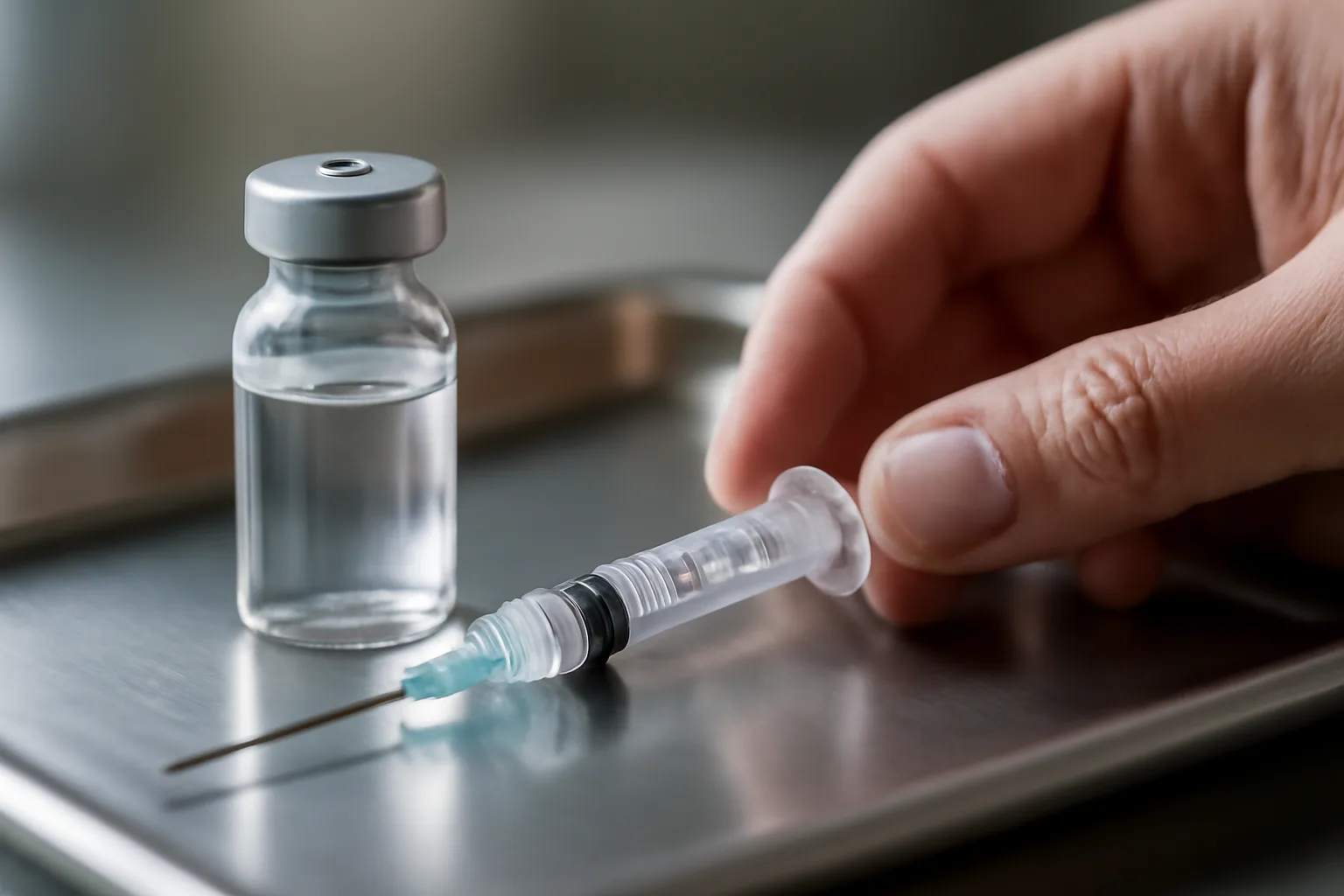 Vial and syringe on a steel tray representing sermorelin versus IGF-1 LR3 comparison