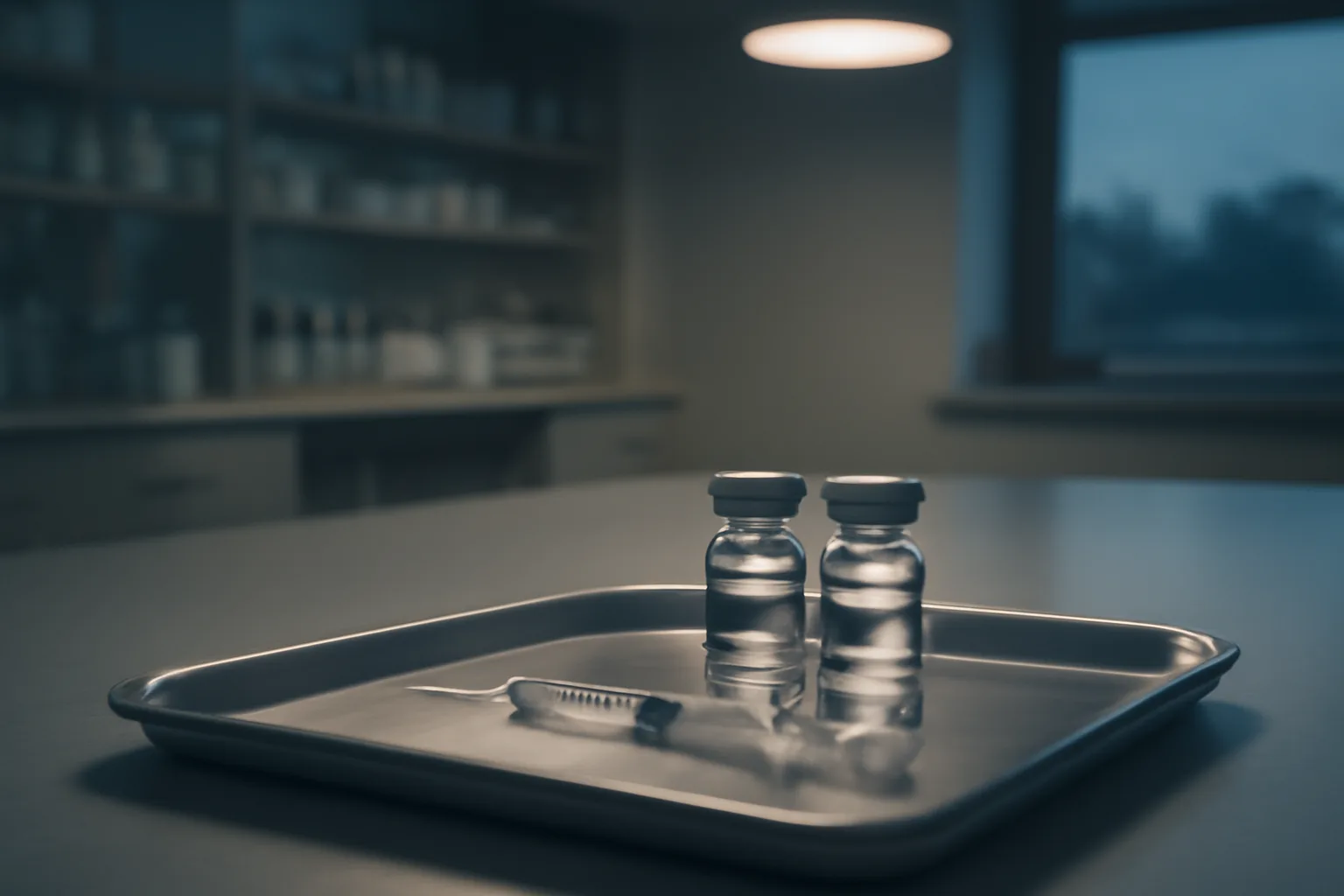 Two unlabeled peptide vials and a syringe on a pharmacy tray, comparing ipamorelin peptide vs sermorelin
