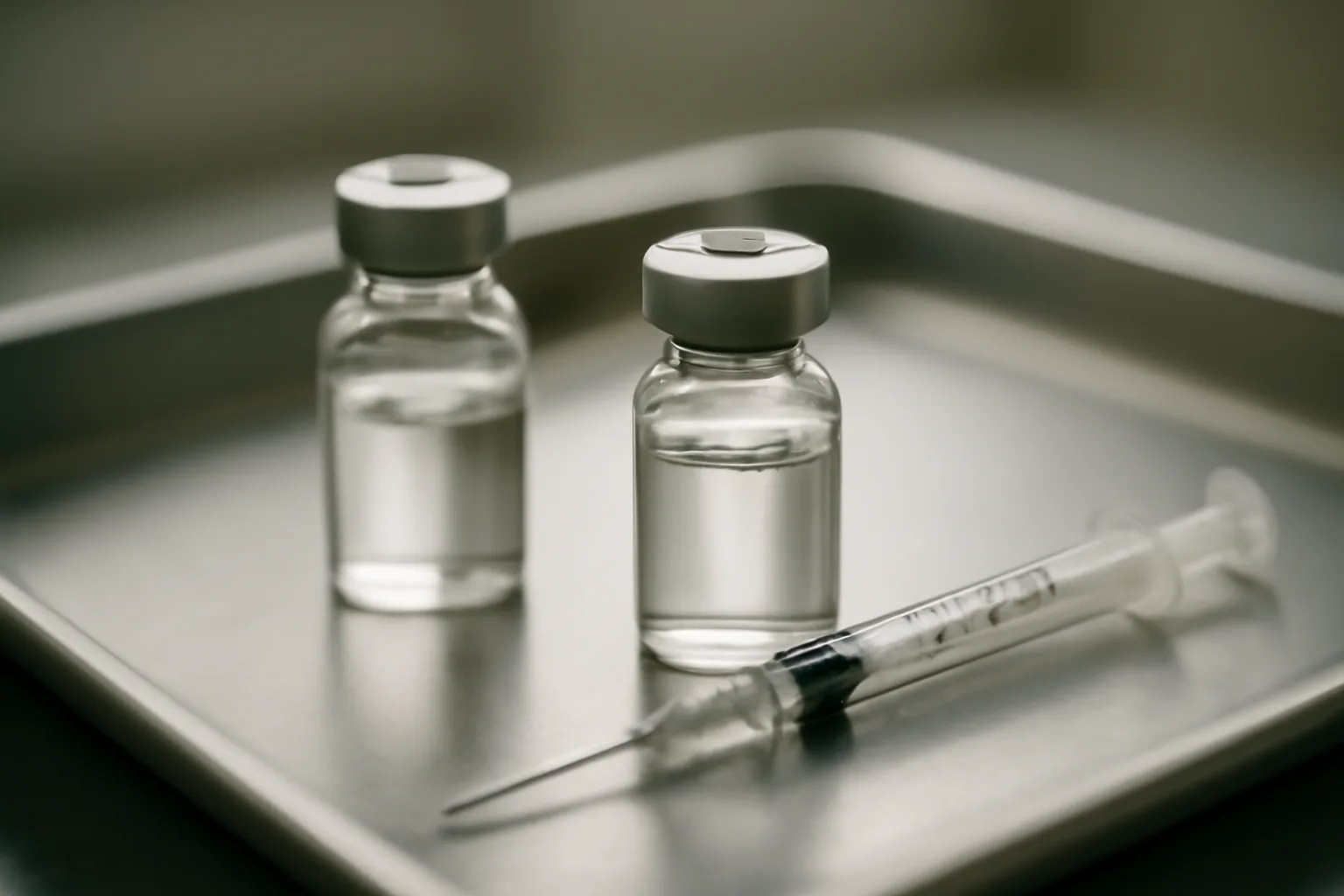 Two unlabeled peptide vials and a syringe on a clinical tray, evoking ipamorelin vs sermorelin comparison