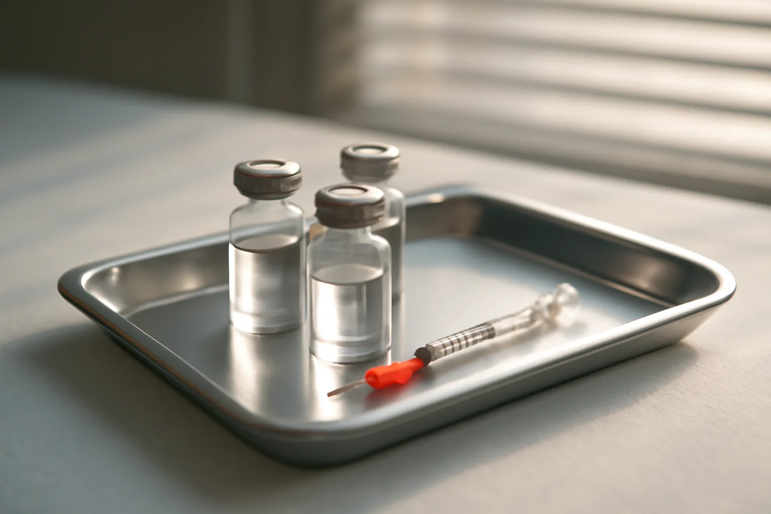 Three unlabeled peptide vials and a syringe on a clinical tray