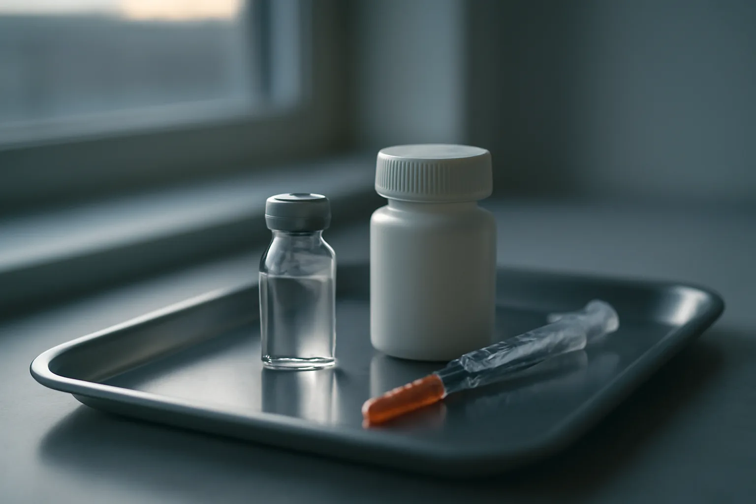 Vial, capsule bottle, and syringe on a tray comparing MK-677 and sermorelin forms