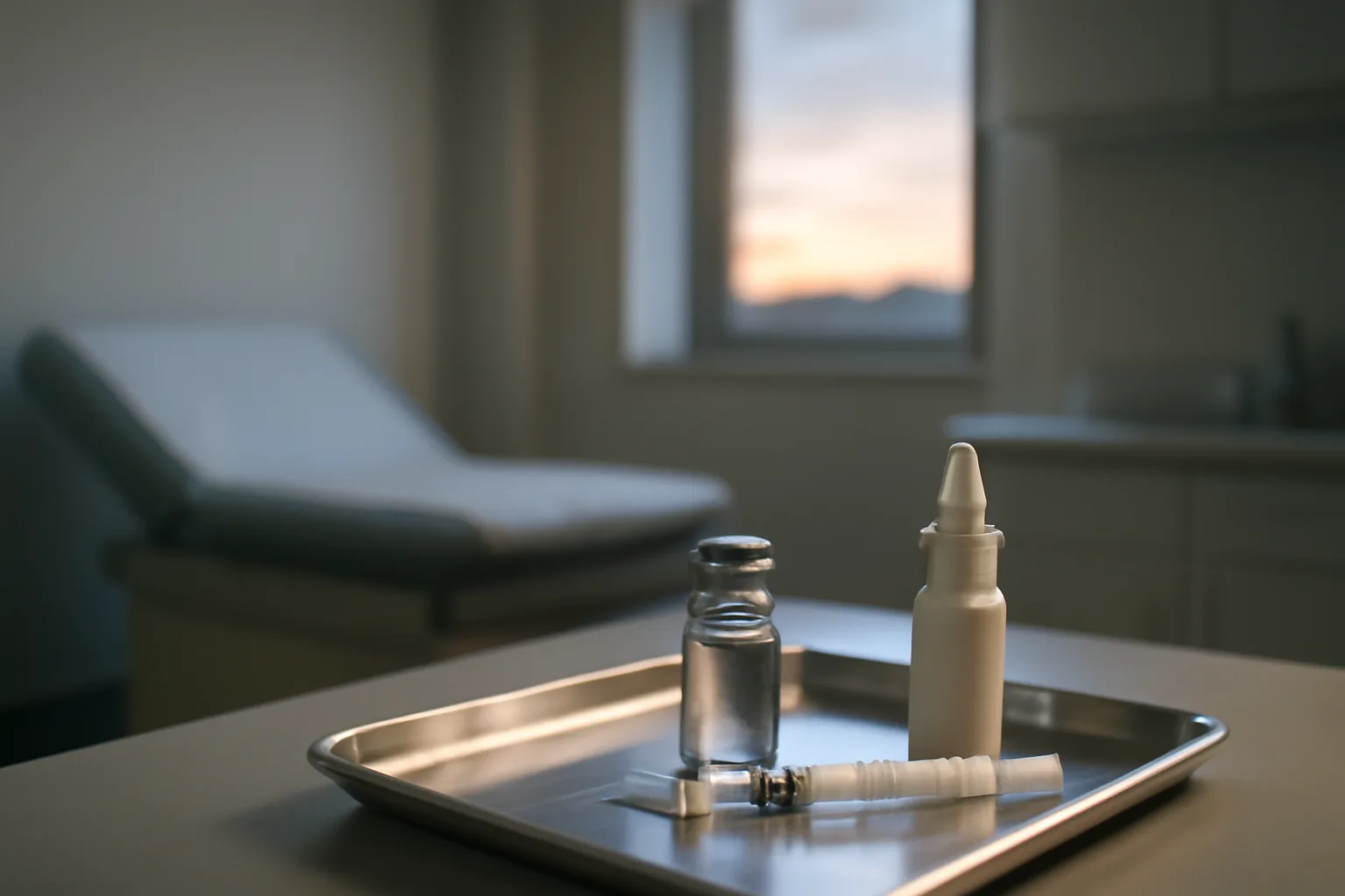 Vial and syringe beside a nasal spray bottle on a clinical tray, comparing sermorelin delivery methods