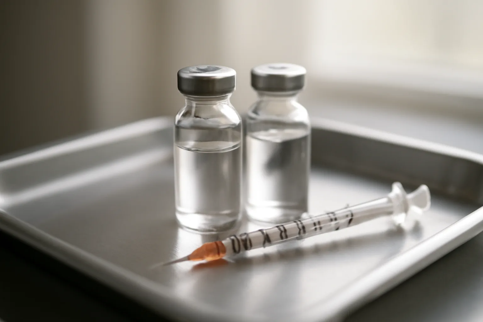 Two unlabeled peptide vials with syringe on a clinic tray, comparing sermorelin and tesamorelin