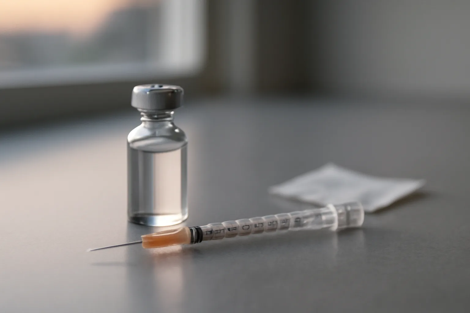 Vial and syringe on a clinic counter, illustrating sermorelin as an injectable rather than oral treatment