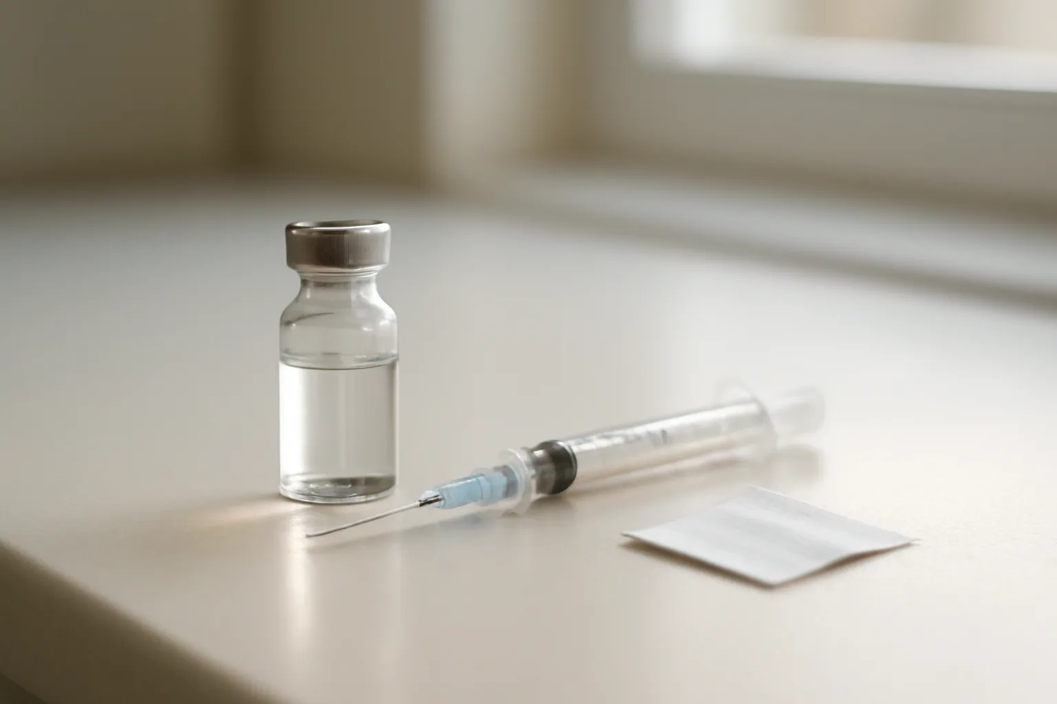 Vial and syringe on a countertop representing injectable sermorelin peptide therapy