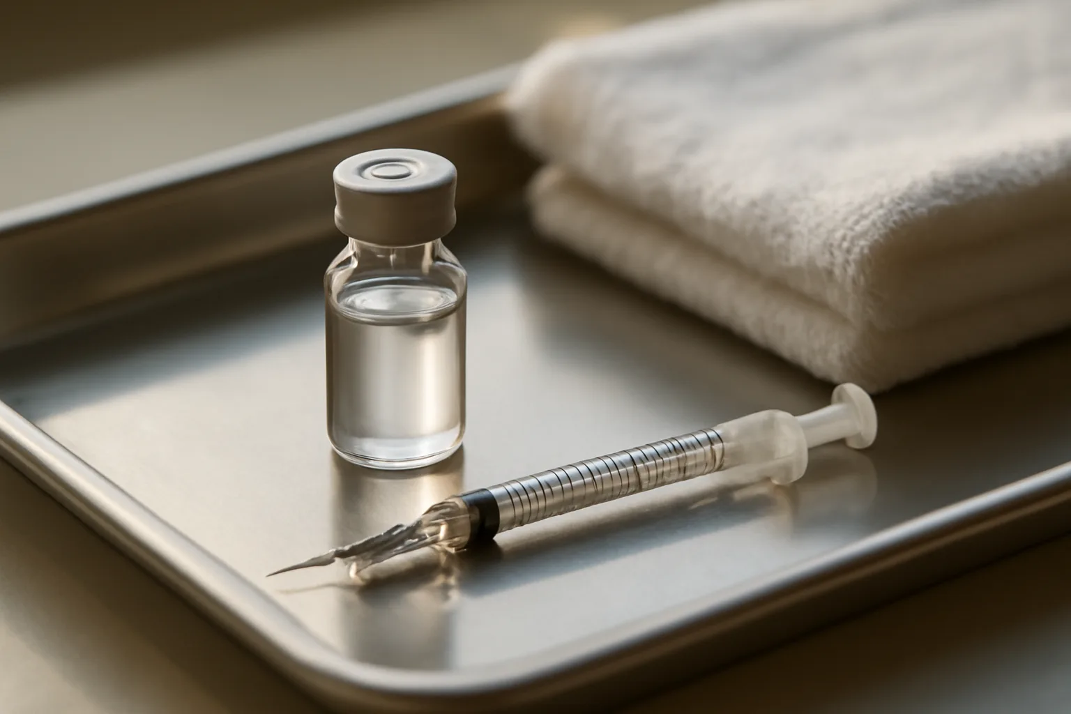 Vial and syringe on a steel tray, representing sermorelin injectable therapy versus oral pills