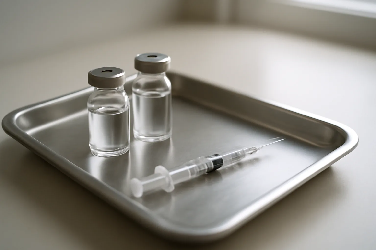 Two unlabeled peptide vials and a syringe on a clinic tray, representing sermorelin vs CJC-1295