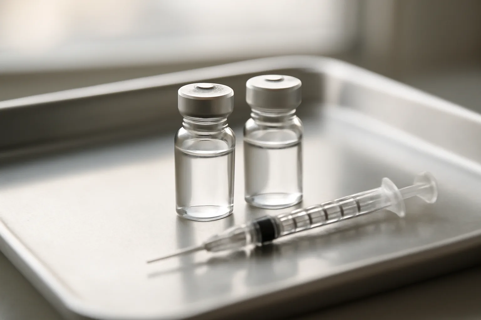 Two unlabeled vials and a syringe on a tray, representing sermorelin peptide vs ipamorelin