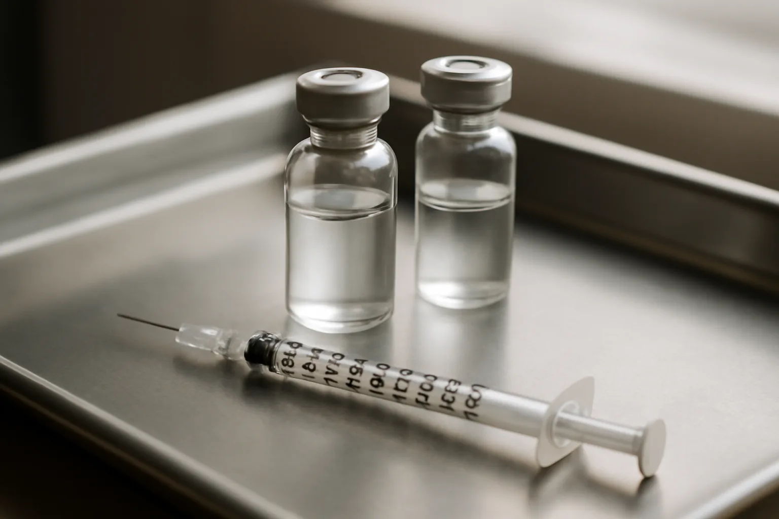 Two unmarked vials and a syringe on a steel tray, comparing sermorelin peptide vs tesamorelin peptide
