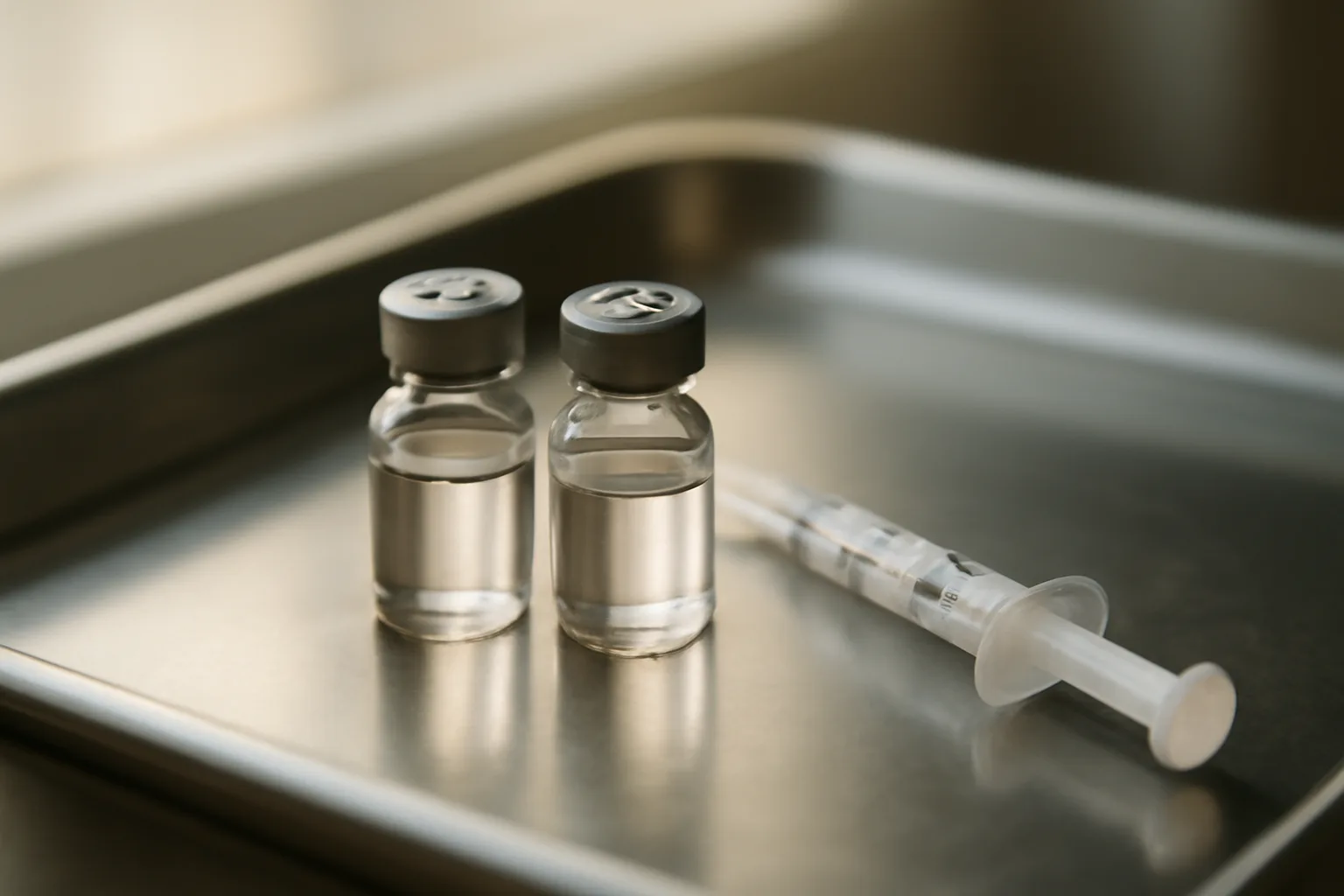 Two unlabeled peptide vials and a syringe on a steel tray in clinic light