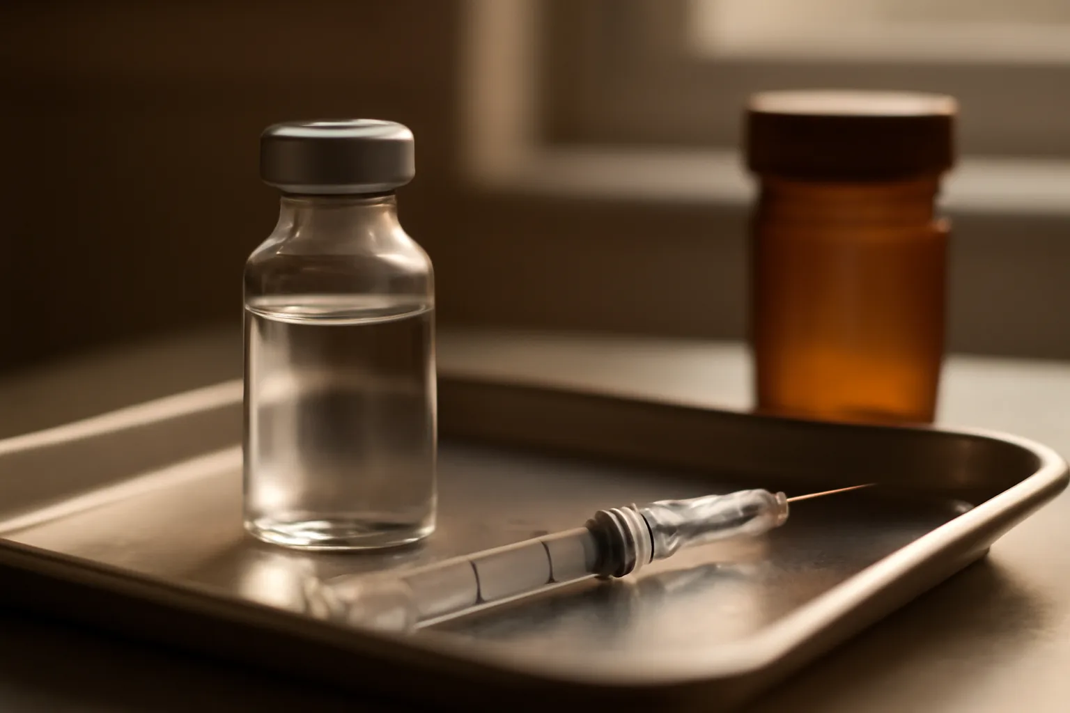 Vial and syringe beside an unmarked pill bottle, comparing sermorelin pills vs injections