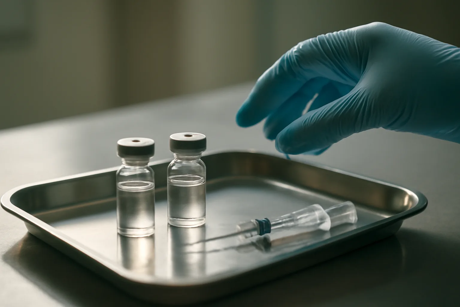 Two unlabeled peptide vials and a syringe on a clinical tray, representing sermorelin vs cjc-1295 comparison