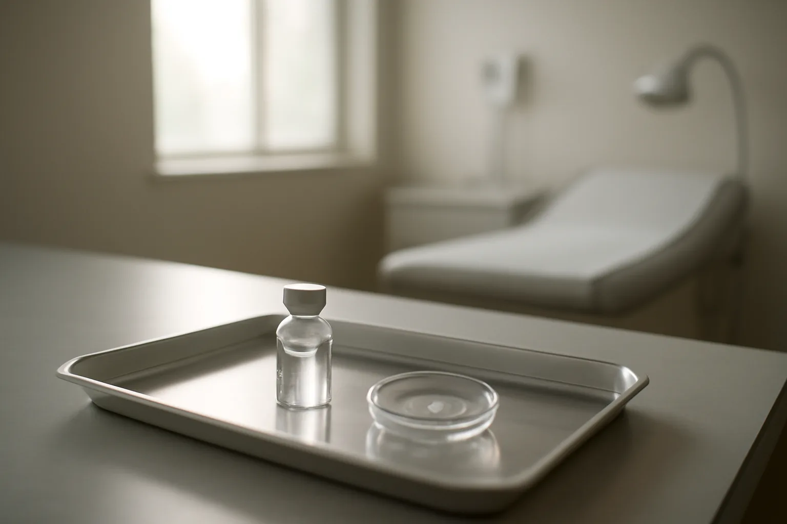 Exam room tray showing an injectable vial beside an oral tablet, comparing sermorelin and enclomiphene forms