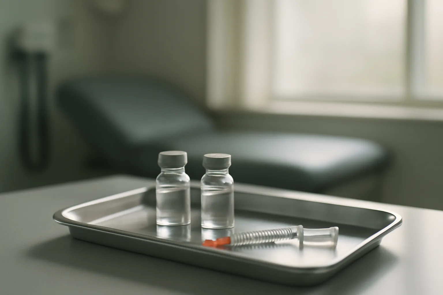 Two unlabeled vials and a syringe on a tray, representing sermorelin vs growth hormone therapy choice