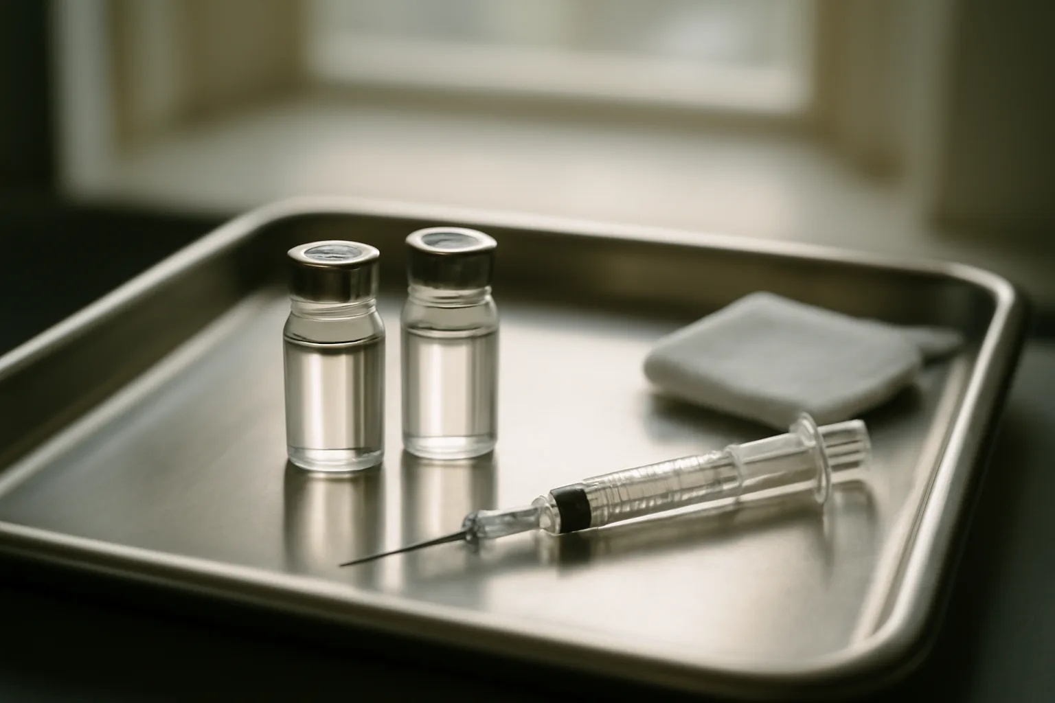 Two unlabeled medication vials and a syringe on a steel tray, comparing sermorelin and HGH