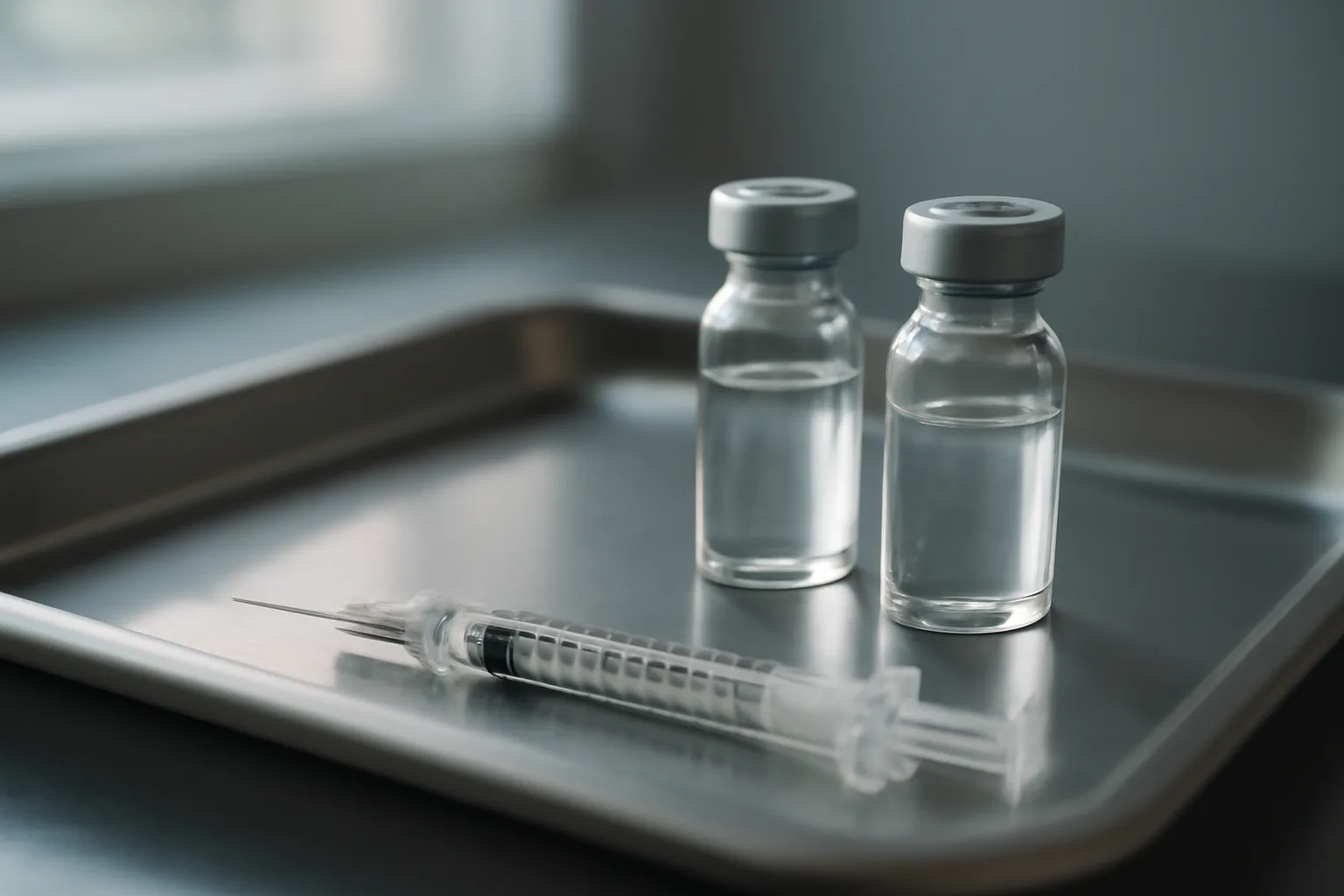 Two unlabeled peptide vials with syringe on a clinical tray, comparing sermorelin and ipamorelin