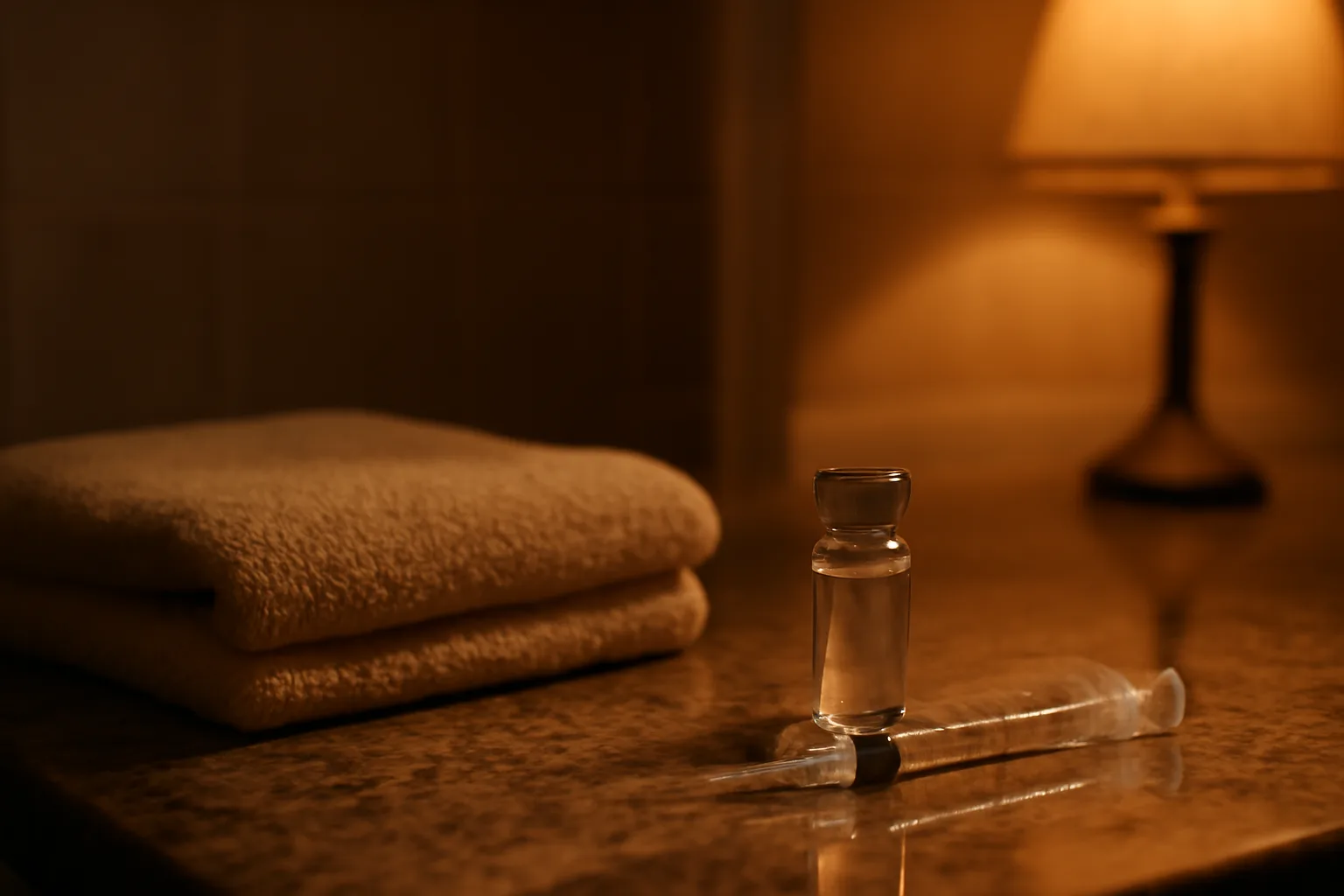 Vial and syringe on a bathroom counter at night representing sermorelin versus mk-677 choice