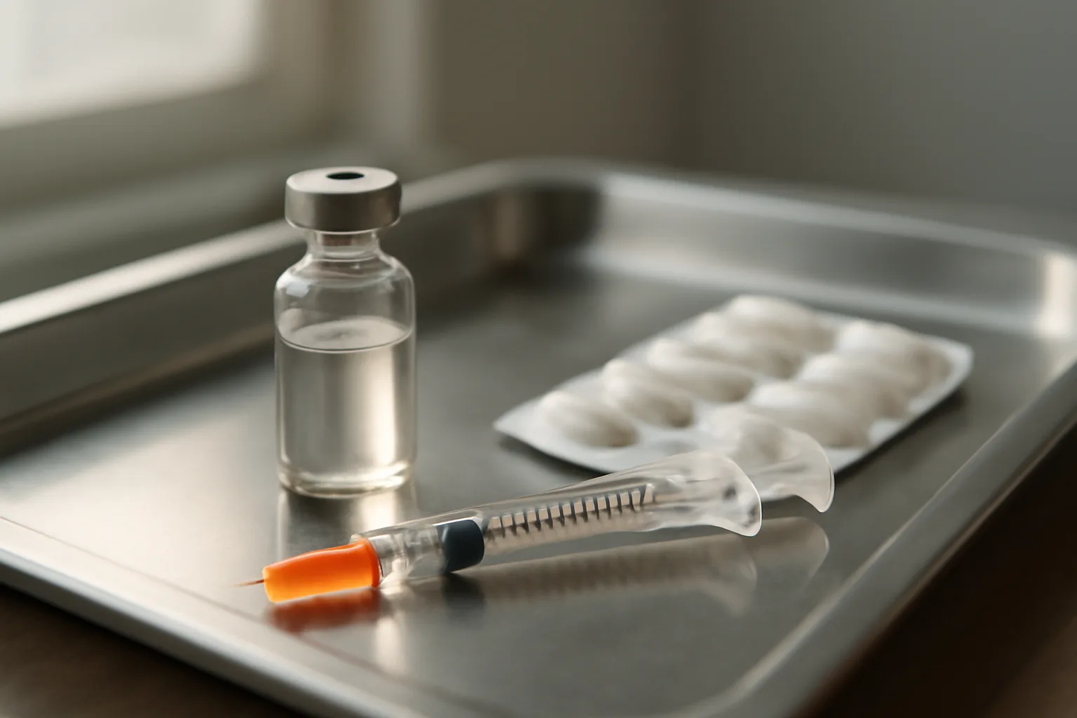 Injectable vial and syringe next to oral capsules, representing sermorelin versus mk-677 comparison