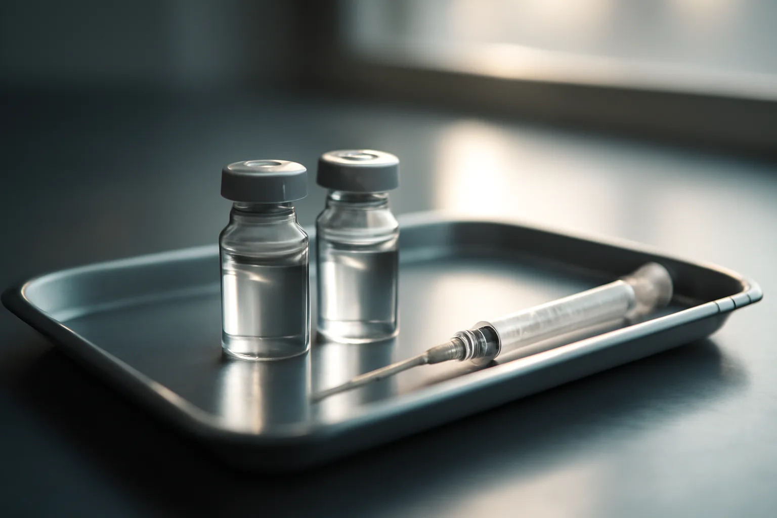 Two unlabeled peptide vials and a syringe on a clinical steel tray