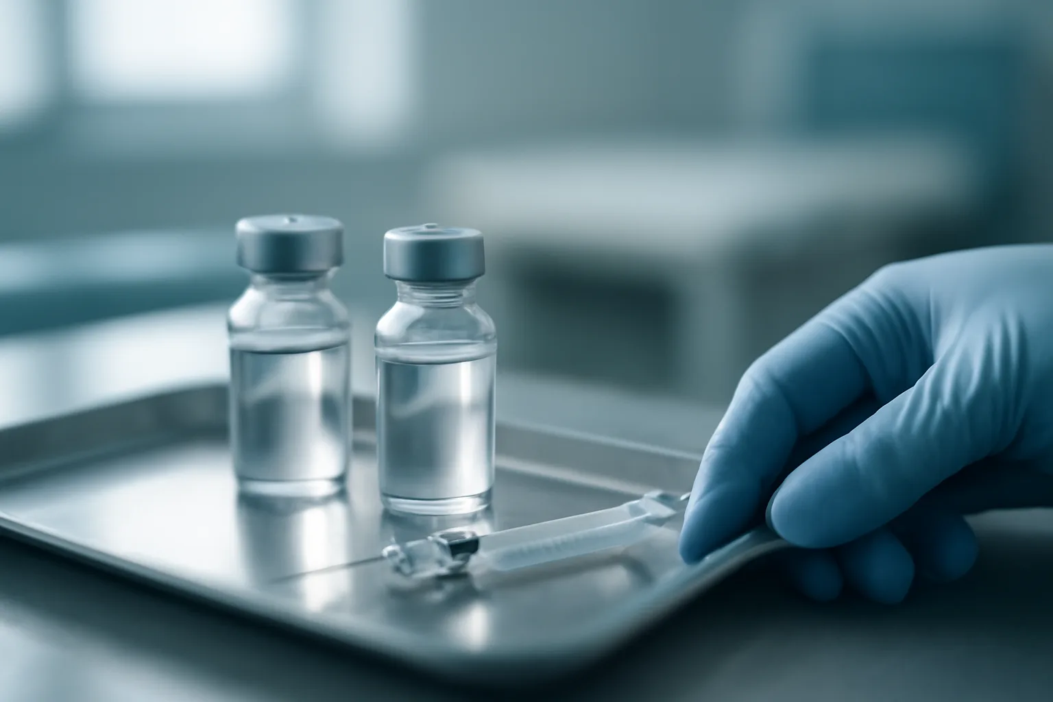 Two unlabeled injectable peptide vials on a steel tray, comparing sermorelin and tesamorelin