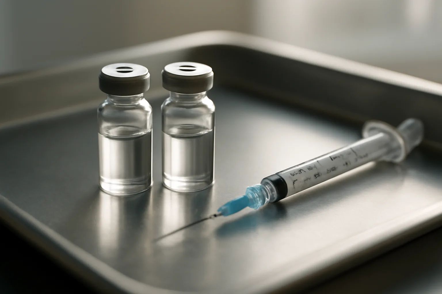 Two unlabeled peptide vials and a syringe on a steel tray, comparing tesamorelin and sermorelin