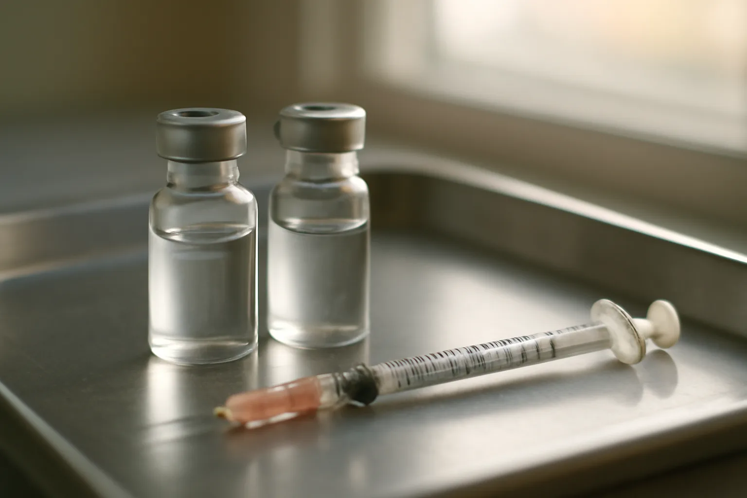 Two unlabeled peptide vials and a syringe on a clinical tray, representing tesamorelin vs sermorelin comparison