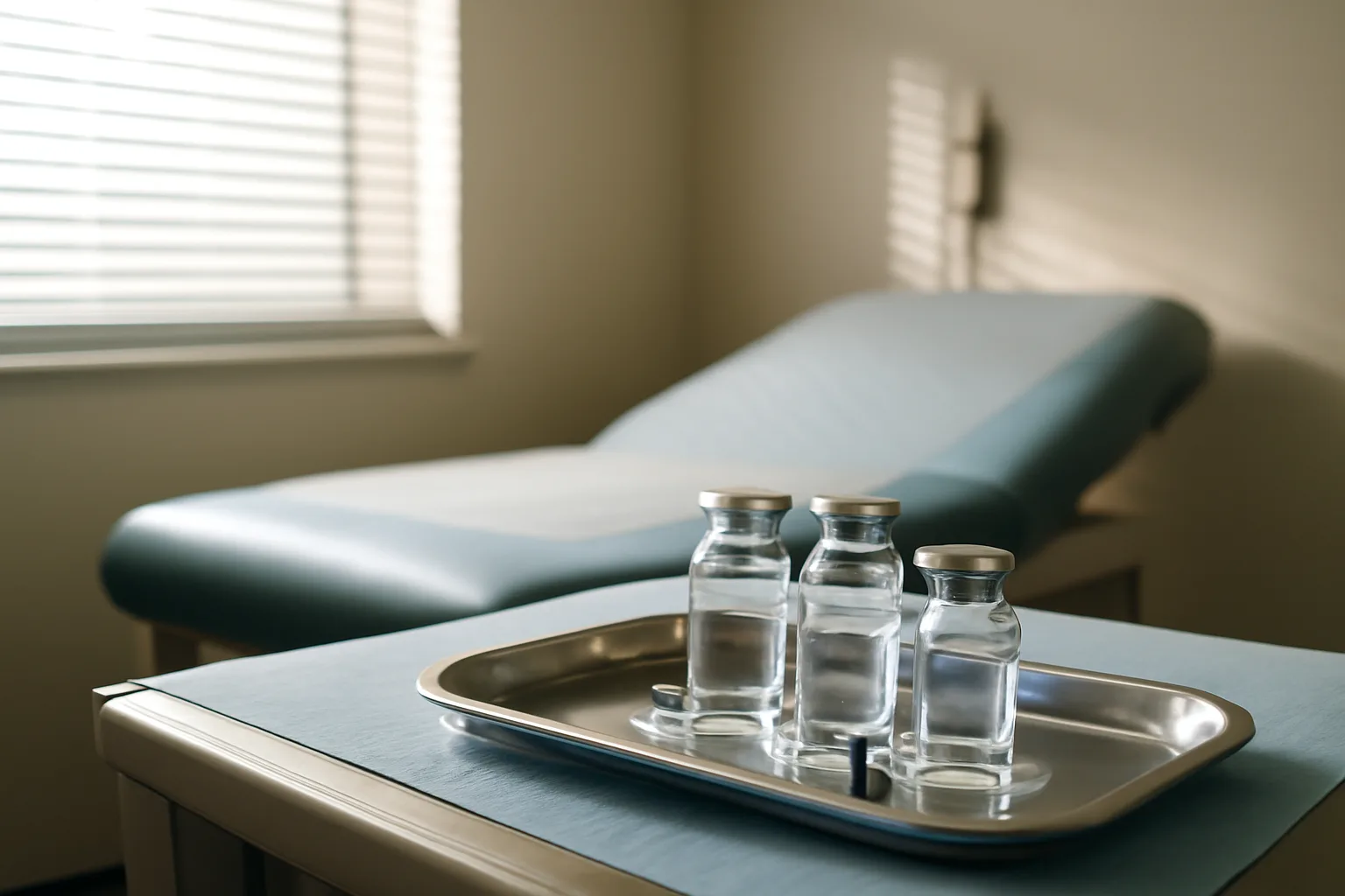 Vials and syringe on a clinic tray representing sermorelin peptide alternatives for anti-aging