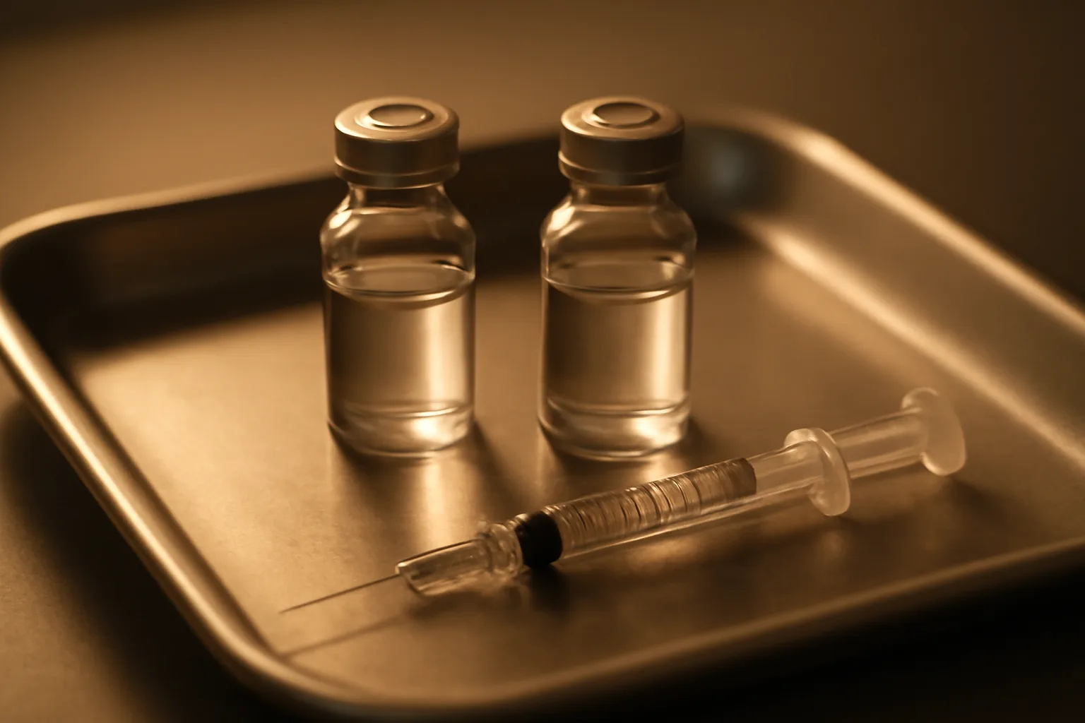 Two unlabeled injection vials and a syringe on a steel tray, comparing sermorelin and tesamorelin
