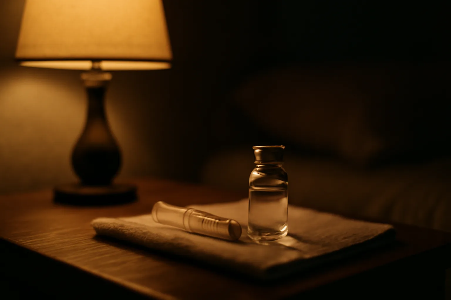Vial and syringe on a nightstand illustrating best time to take sermorelin peptide