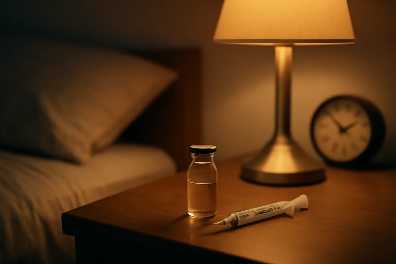 vial and syringe on a nightstand at night representing sermorelin dosing timeline