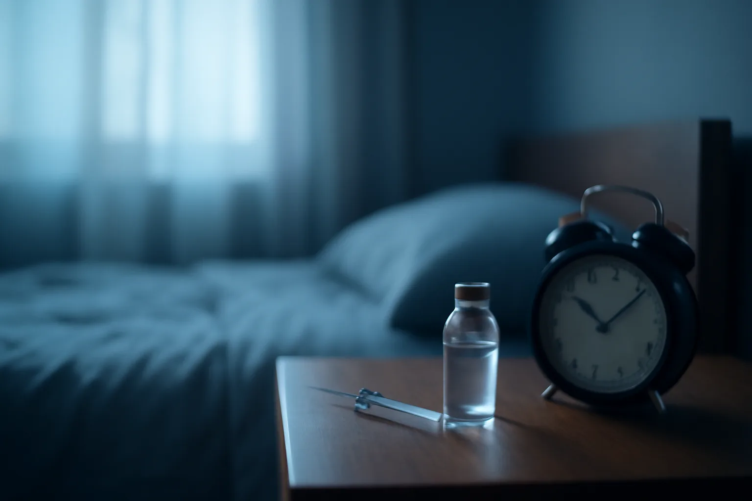 Bedside nightstand at dawn showing how long sermorelin takes to work overnight