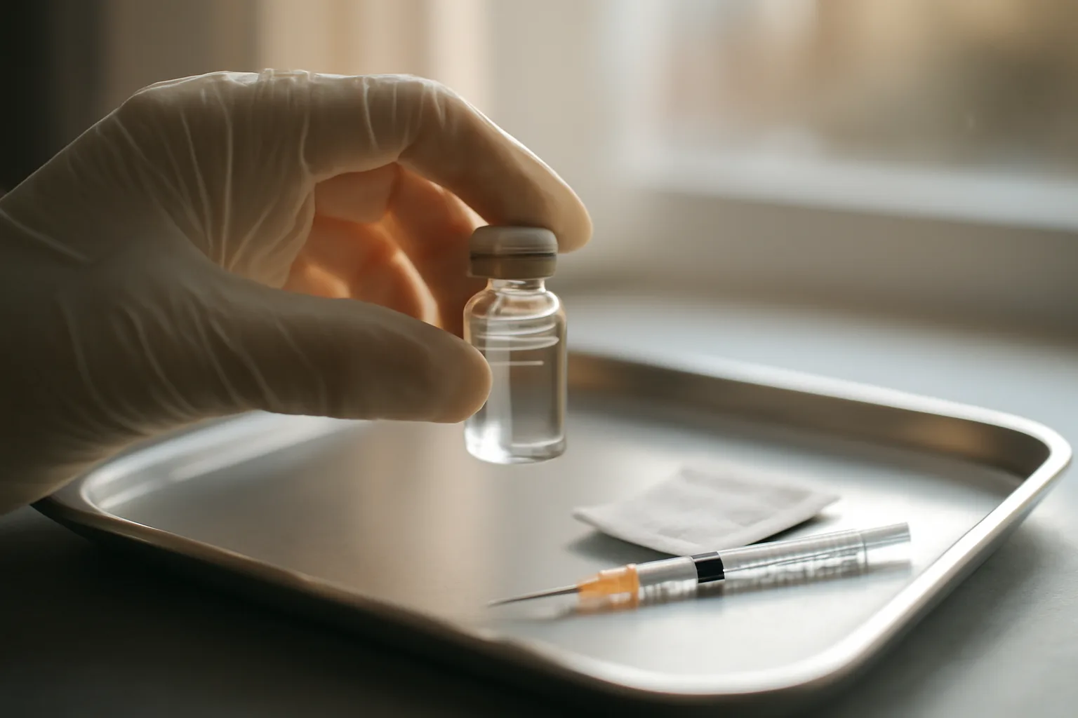 Hand holding a reconstituted sermorelin vial next to a syringe on a tray