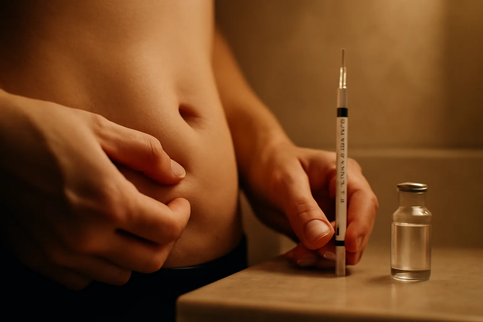 Hand preparing a subcutaneous injection at night, illustrating how to take sermorelin peptide