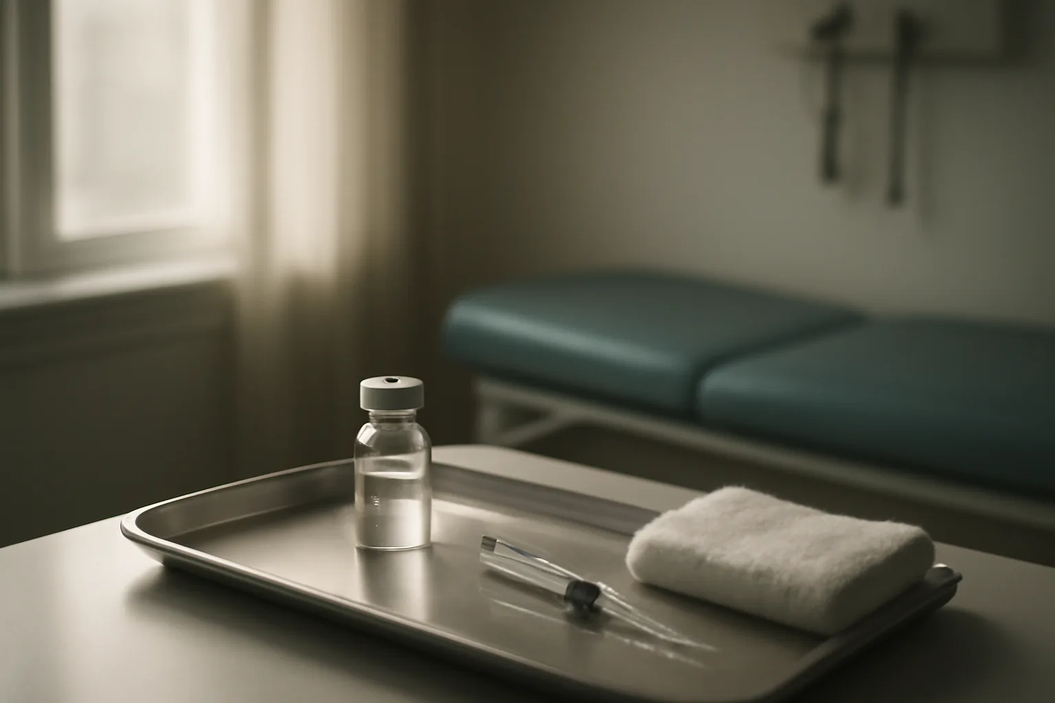 Vial and syringe on a steel tray in a sunlit clinic room, representing a sermorelin cycle