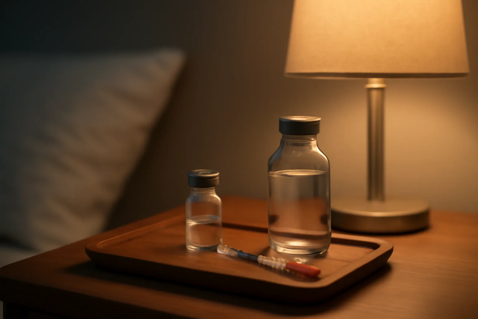 Vial, syringe, and reconstitution water arranged for a sermorelin dosage calculation at home