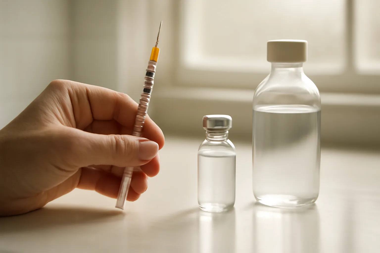 Insulin syringe and glass vial on a counter illustrating sermorelin dosage measurement