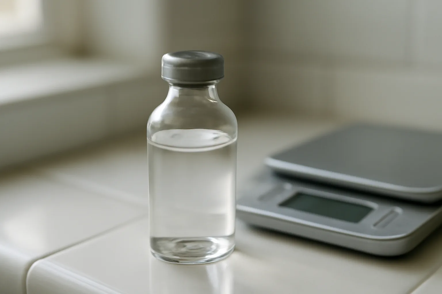 Sermorelin vial and precision scale on bathroom counter for dose measurement