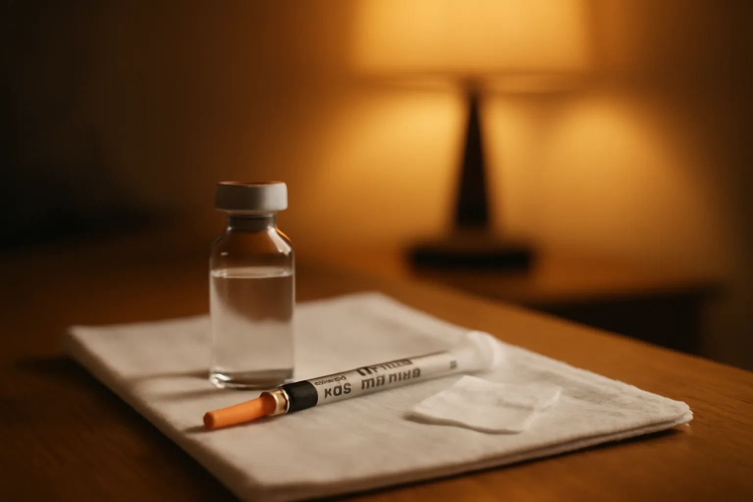 Insulin syringe and vial arranged on a nightstand before a sermorelin injection